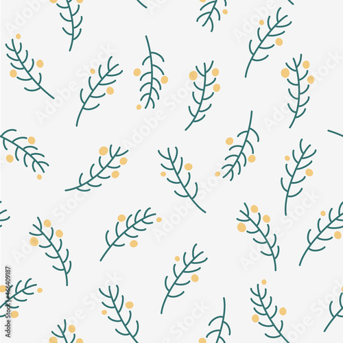 Spruce twigs seamless pattern. Christmas botanical background. For wallpaper, fill patterns, surface texture, fabric prints. Vector cartoon illustration.