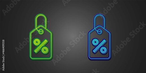 Green and blue Discount percent tag icon isolated on black background. Shopping tag sign. Special offer sign. Discount coupons symbol. Vector