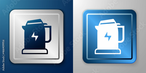 White Electric kettle icon isolated on blue and grey background. Teapot icon. Silver and blue square button. Vector