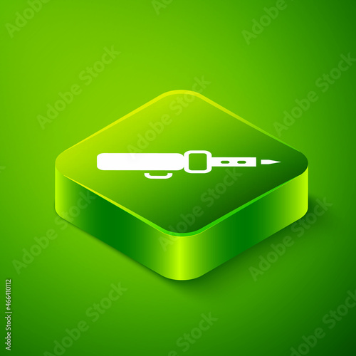 Isometric Soldering iron icon isolated on green background. Green square button. Vector