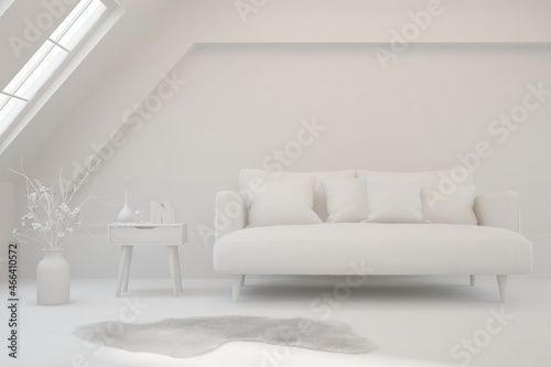 Mock up of minimalist living room in white color with sofa. Scandinavian interior design. 3D illustration