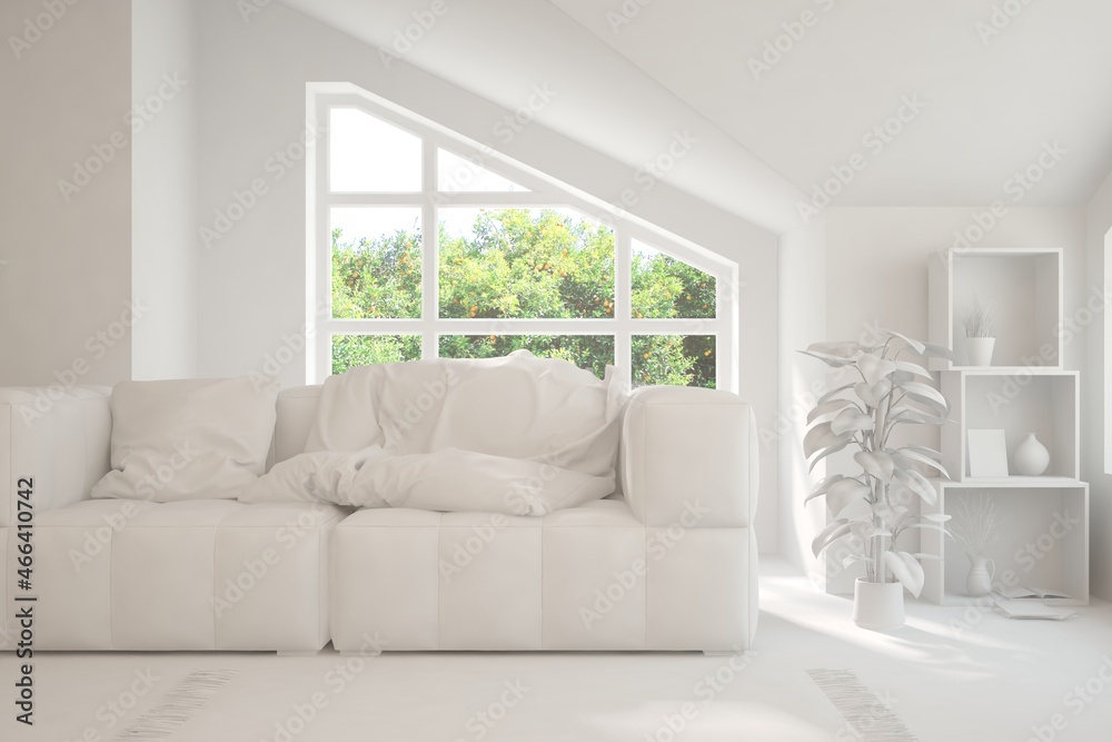 Mock up of stylish room in white color with sofa and green landscape in window. Scandinavian interior design. 3D illustration Mock up of stylish room in white color with sofa and green landscape in window. Scandinavian interior design. 3D illustration