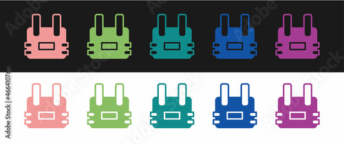 Set Bulletproof vest for protection from bullets icon isolated on black and white background. Body armor sign. Military clothing. Vector