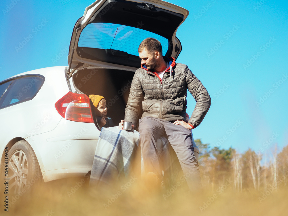 Cute toddler boy in casual clothes having a picnic with his dad in the trunk