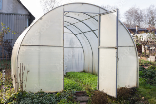 Greenhouse in the back garden with an open door, work in the garden © Julia