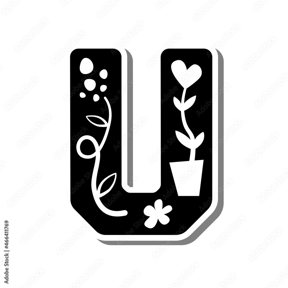 Cute uppercase alphabet 'U' with doodle flower, heart, leaves and dots on white silhouette and gray shadow. Lovely letter design for decoration. Vector Illustration about lettering. Cute uppercase alphabet 'U' with doodle flower, heart, leaves and dots on white silhouette and gray shadow. Lovely letter design for decoration. Vector Illustration about lettering.