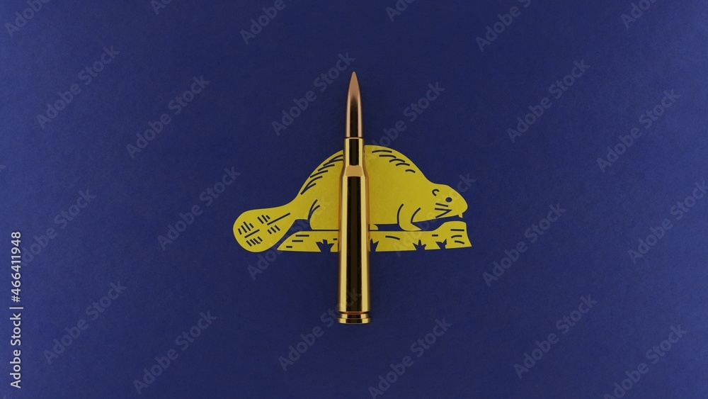 3D rendering of top down view of a single rifle bullet in the center and on top of the US state flag of Oregon 3D rendering of top down view of a single rifle bullet in the center and on top of the US state flag of Oregon