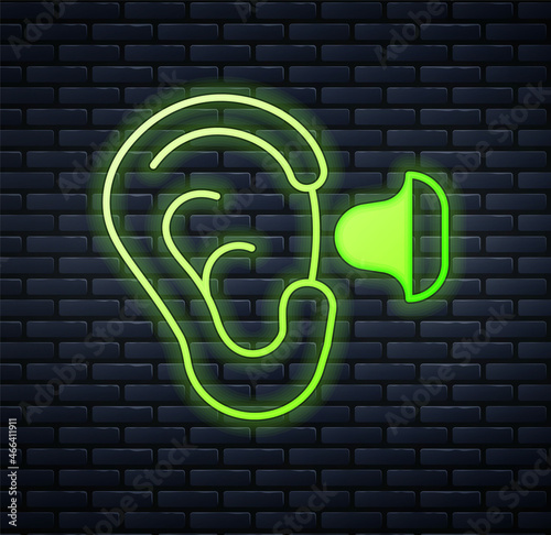 Glowing neon Earplugs and ear icon isolated on brick wall background. Ear plug sign. Noise symbol. Sleeping quality concept. Vector