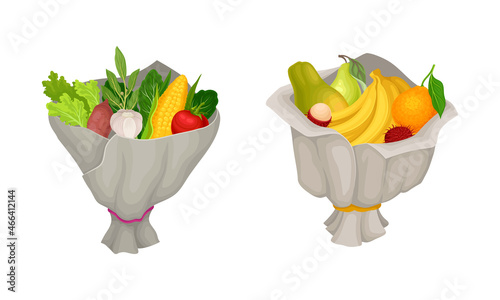 Vegetable and Fruit Bouquet Wrapped in Papper Vector Set