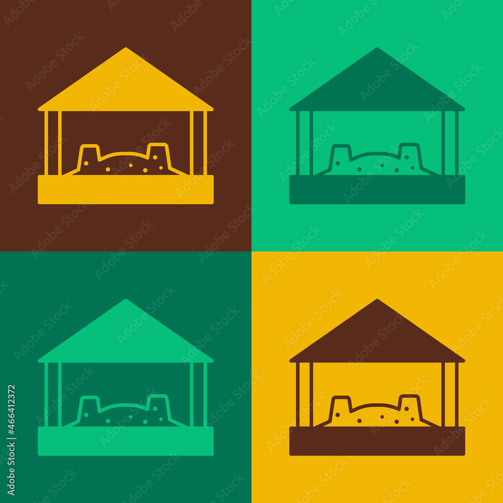 Naklejka premium Pop art Sandbox for kids with sand and umbrella icon isolated on color background. Vector
