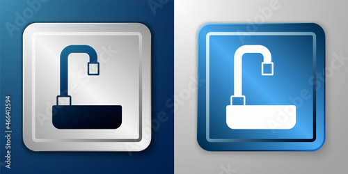 White Washbasin with water tap icon isolated on blue and grey background. Silver and blue square button. Vector