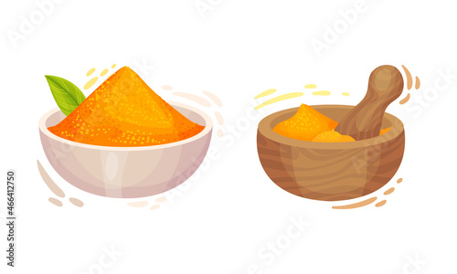 Turmeric Rhizome or Root Powder in Bowl and Mortar with Pestle Vector Set