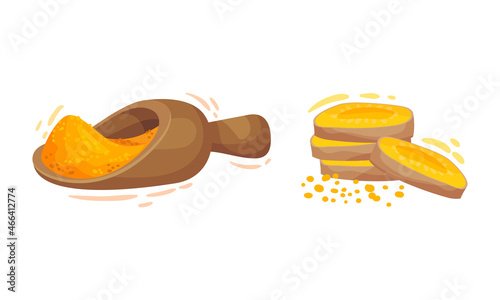 Sliced Turmeric Rhizome or Root and Powder in Scoop Vector Set