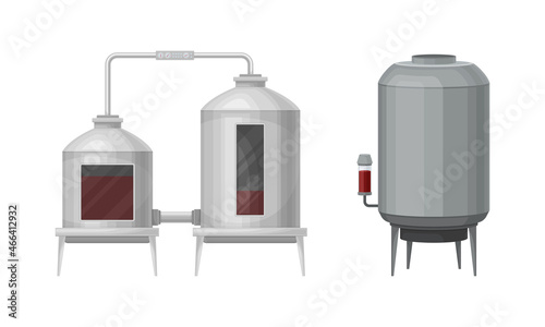 Metal Tank with Grape Juice as Alcoholic Fermentation Vector Set
