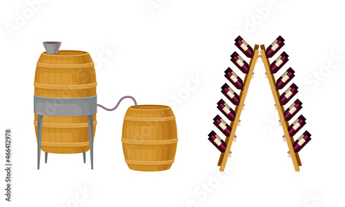 Wooden Barrel with Wine and Glass Bottles in Rack Vector Set