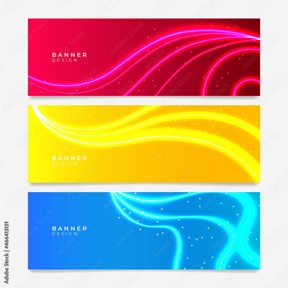 Colorful web banner with wave and geometric shapes. Collection of horizontal promotion banners with gradient colors and abstract geometric backdrop. Header design. Vibrant vivid color coupon template.