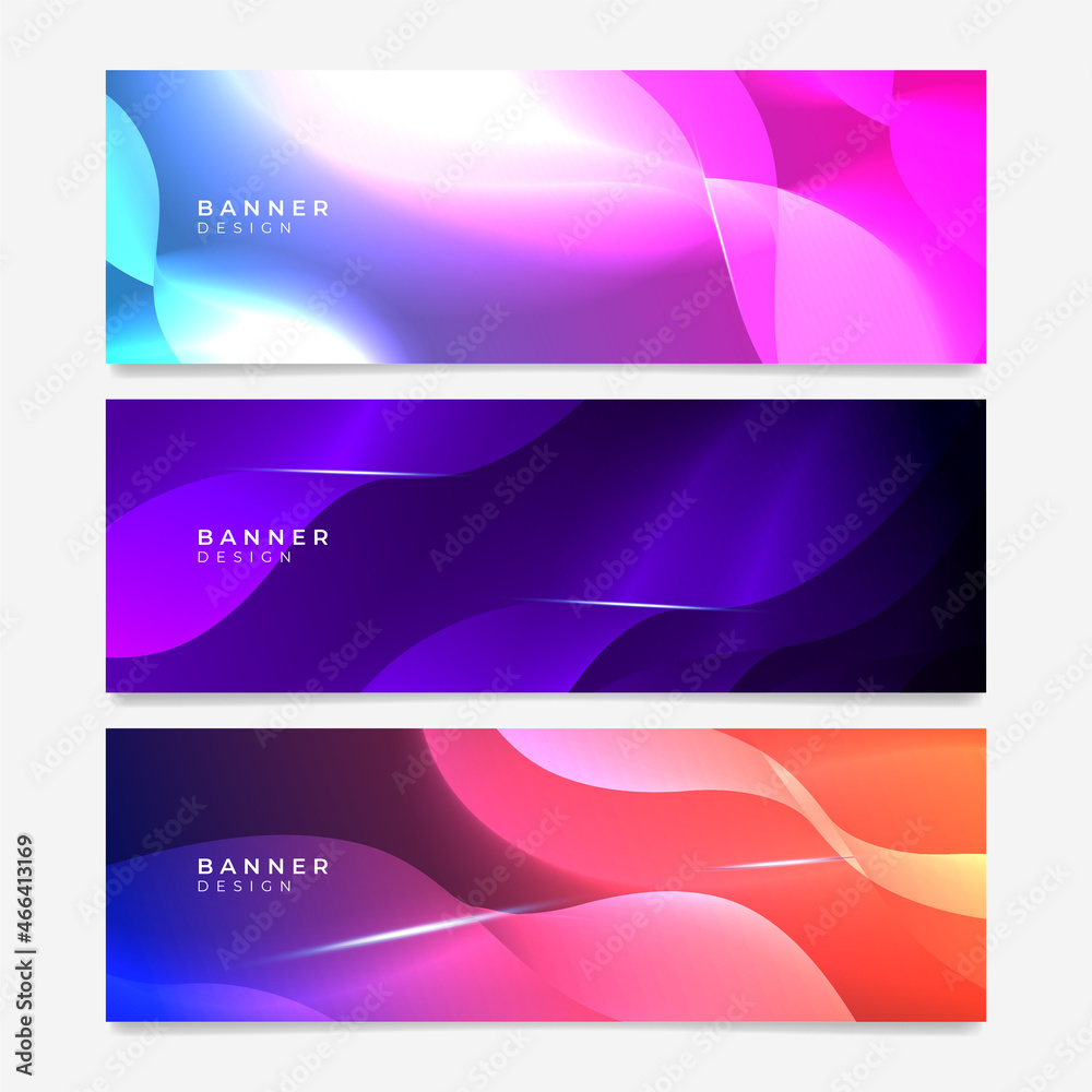 Colorful web banner with wave shapes. Collection of horizontal promotion banners with gradient colors and abstract geometric backdrop. Header design. Vibrant coupon template.