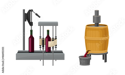 Wine Bottles Sealing or Capping with Cork and Label Sticking Process on Conveyor Belt and Fermentation in Wooden Barrel Vector Set