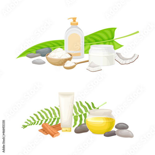 Spa Treatment Composition with Sandalwood, Essential Oil and Stones for Energy Body Massage Vector Set