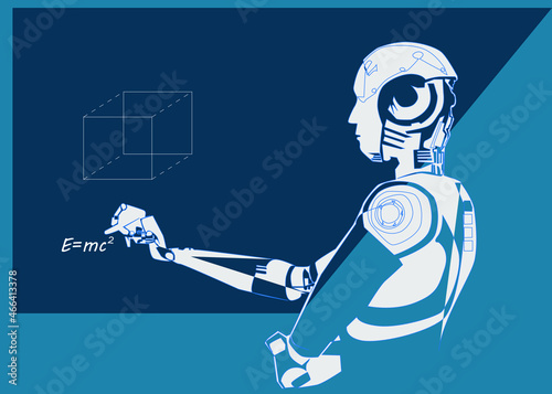 The robot teaches the board by writing physics and math signs and information on the board. machine learning concept design with artificial intelligence simulator teacher