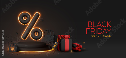 Black Friday Sale. Realistic 3d design stage podium, round studio, gold neon lights, gift box black, red bow, shopping bag, big percent label discount. Creative marketing concept. Vector illustration