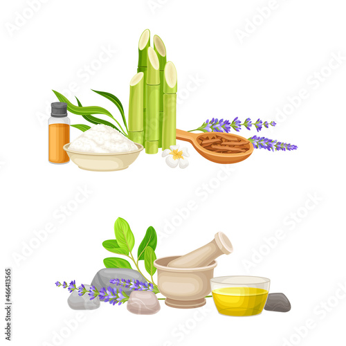 Spa Treatment Composition with Bamboo, Essential Oil and Stones for Energy Body Massage Vector Set