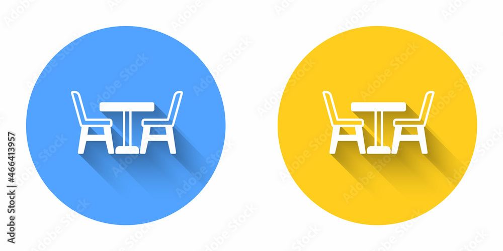 White Wooden table with chair icon isolated with long shadow background. Circle button. Vector White Wooden table with chair icon isolated with long shadow background. Circle button. Vector