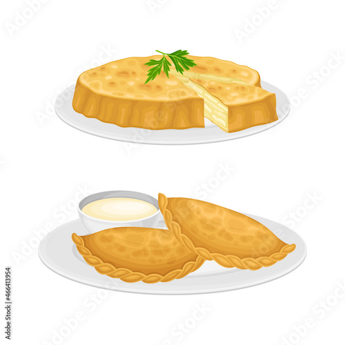 Pie with Savory Stuffing and Empanada as Spanish Cuisine Dish Vector Set
