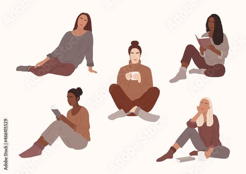 Cozy boho women set. Woman reading a book. Girl with a cup. Vector illustration.