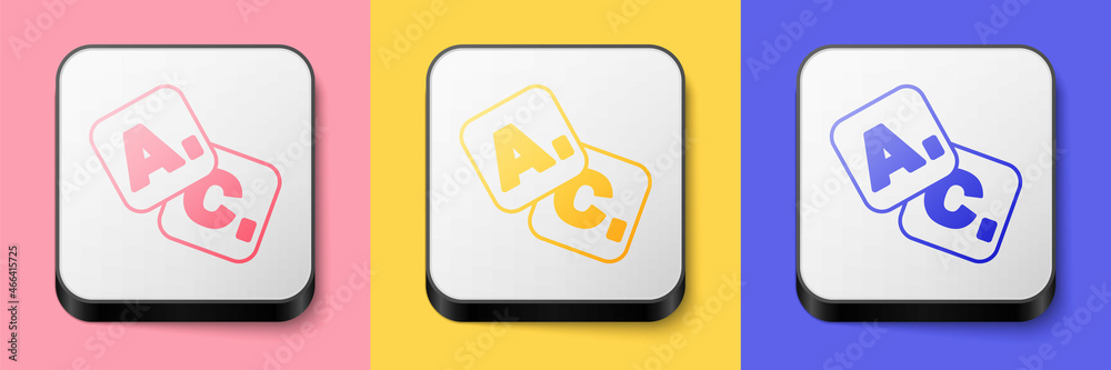 Isometric Bingo icon isolated on pink, yellow and blue background. Lottery tickets for american bingo game. Square button. Vector Isometric Bingo icon isolated on pink, yellow and blue background. Lottery tickets for american bingo game. Square button. Vector