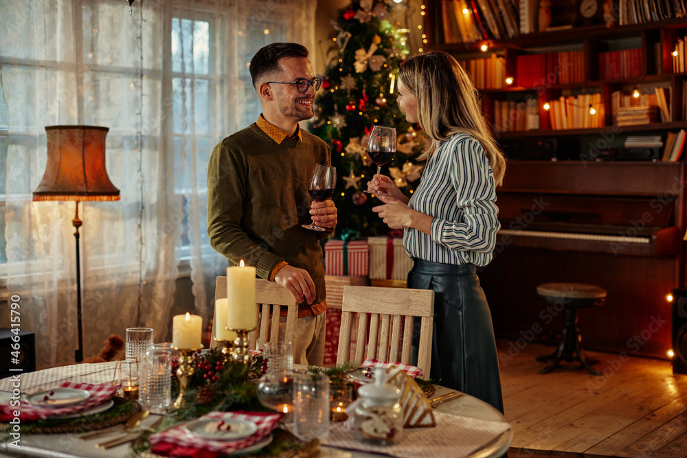 Christmas home celebration. Happy couple standing in the living room with wine glasses. Christmas home celebration. Happy couple standing in the living room with wine glasses.