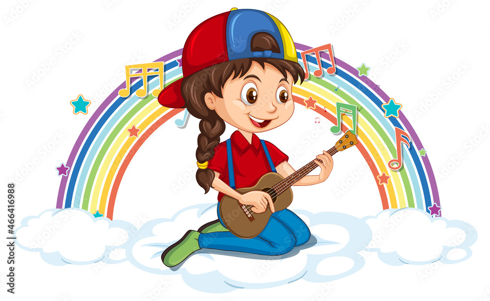Girl playing guitar on the cloud with rainbow