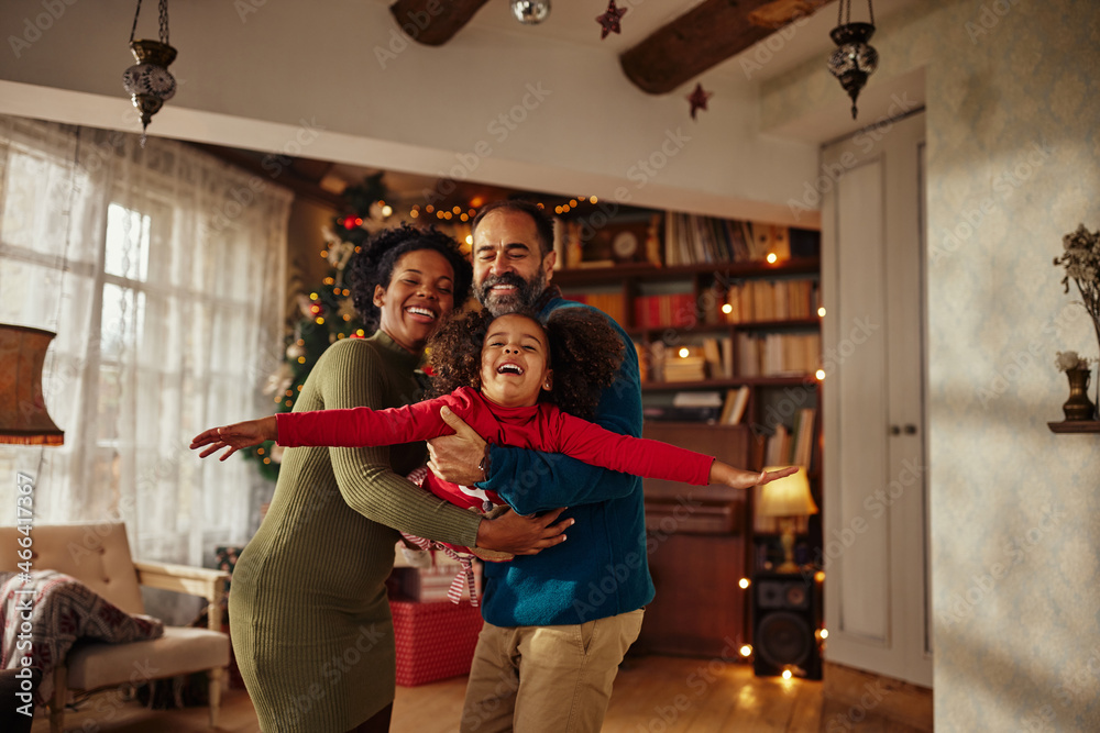 Mixed race family celebrating Christmas and having fun at home Mixed race family celebrating Christmas and having fun at home
