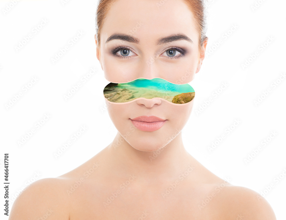 Young beautiful caucasian woman with amazing nature inside of her head. Сontemporary art collage, trendy urban minimalistic magazine style. Young beautiful caucasian woman with amazing nature inside of her head. Сontemporary art collage, trendy urban minimalistic magazine style.