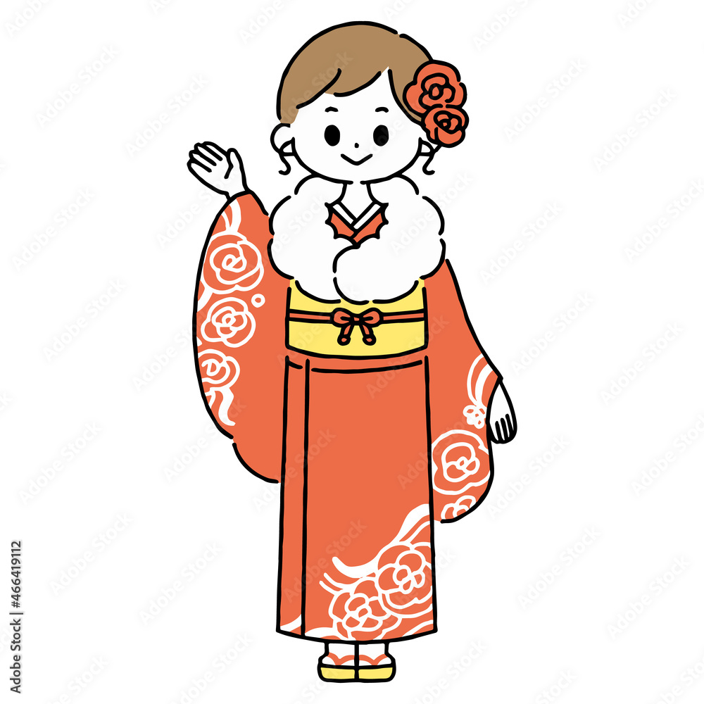 赤い振袖（着物）を着て手を指し示す女性のベクターイラスト　お正月　成人式