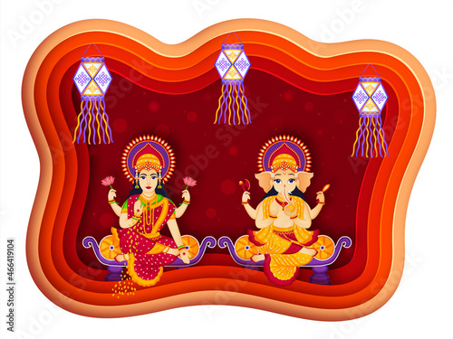 Creative paper cut design concept of Happy Diwali celebration with beautiful illustration of lord ganesha and goddess laxmi (Shubh Laabh).