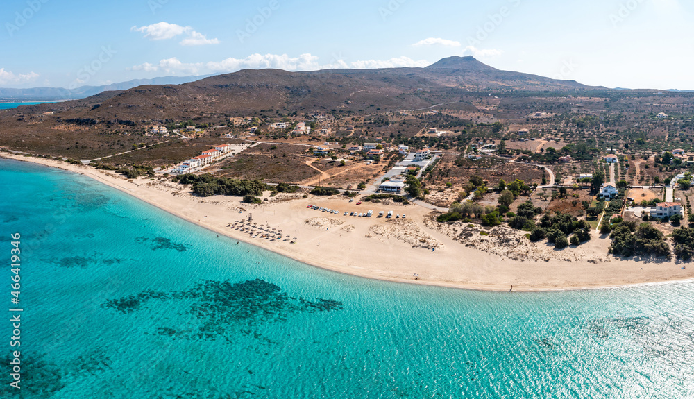 Elafonisos Greek island, Kato Nisi sandy beach aerial drone view. Peloponnese. Greece.