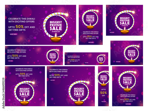 Happy Diwali set of 10 social media banner, poster and header, tamplate design.