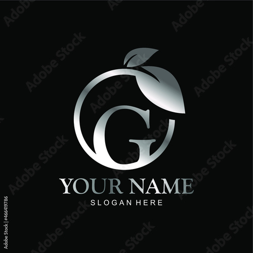 letter G logo and leaf circle. premium vector letter G with silver luxury color leaf. letter G metal model
