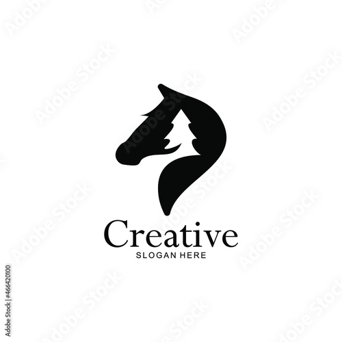 horse and fir tree logo. Abstract illustration of horse head and fir tree. Creative combination of wild horse identity