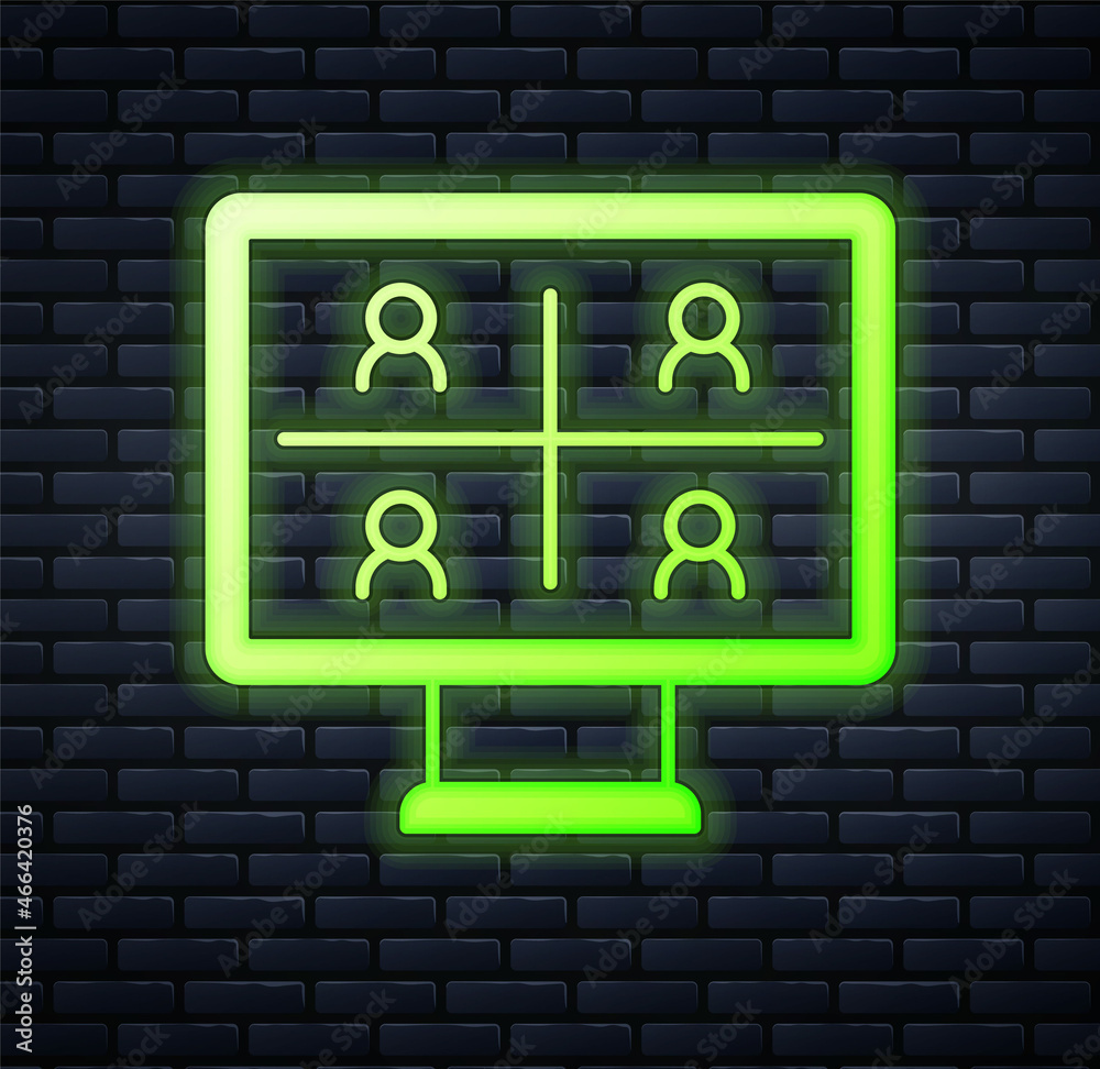 Glowing neon Video chat conference icon isolated on brick wall background. Online meeting work form home. Remote project management. Vector Glowing neon Video chat conference icon isolated on brick wall background. Online meeting work form home. Remote project management. Vector