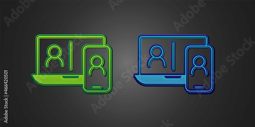 Green and blue Video chat conference icon isolated on black background. Online meeting work form home. Remote project management. Vector