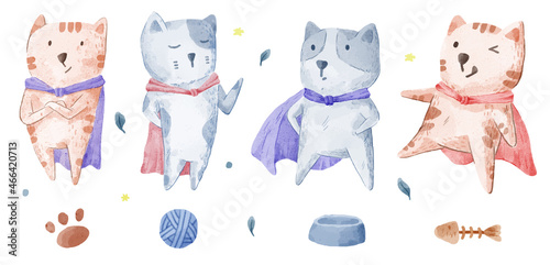 Vector illustration watercolor Set of adorable Cat and Dog For Your Design.