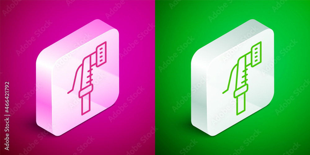 Isometric line Garden hose icon isolated on pink and green background. Spray gun icon. Watering equipment. Silver square button. Vector Isometric line Garden hose icon isolated on pink and green background. Spray gun icon. Watering equipment. Silver square button. Vector