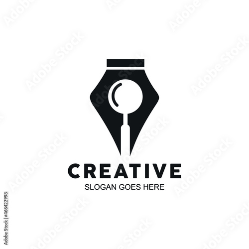 pen and magnifying glass logo. Abstract illustration of a pen and a magnifying glass.Suitable for logos of journalists, journalists, news agencies and others