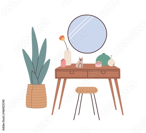 Dressing table, mirror and chair. Home furniture, makeup desk with drawers, perfume bottles and toiletries, plant for minimal interior design. Flat vector illustration isolated on white background