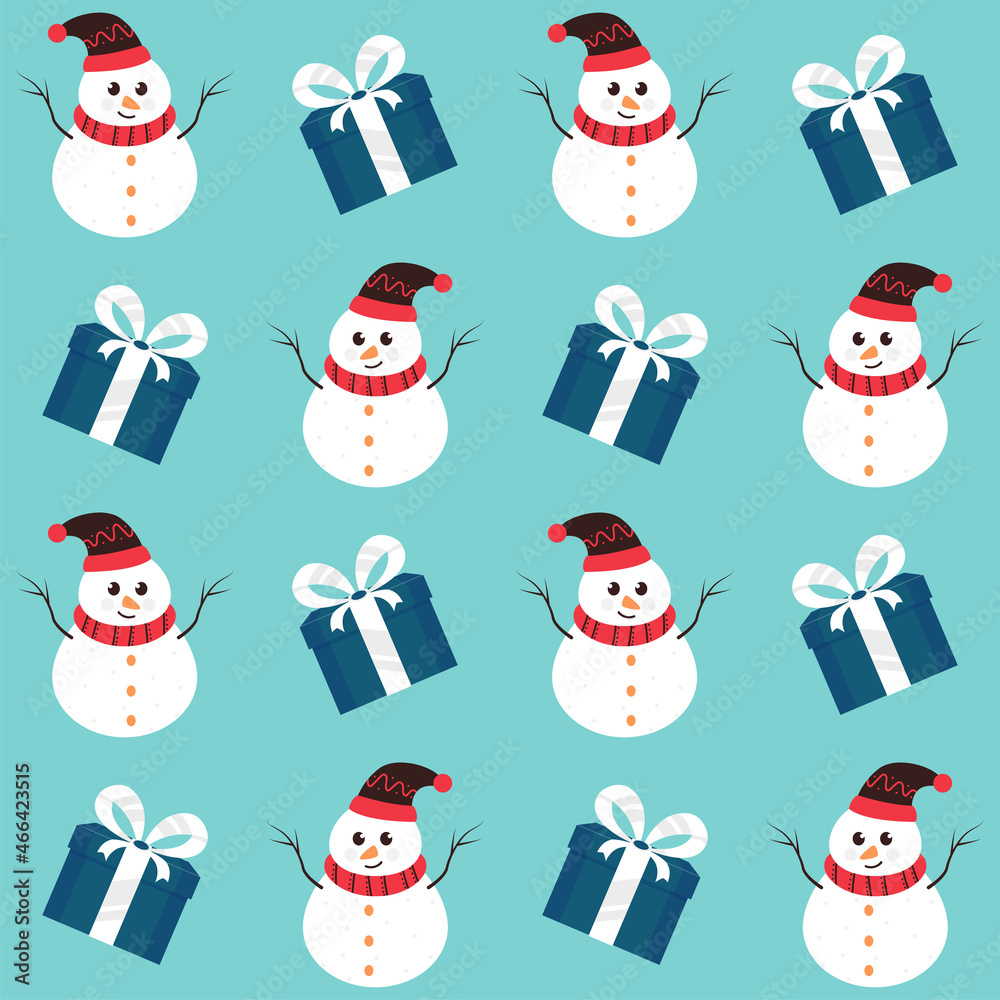Repeat-less Cartoon Snowman And Gift Boxes On Blue Background.
