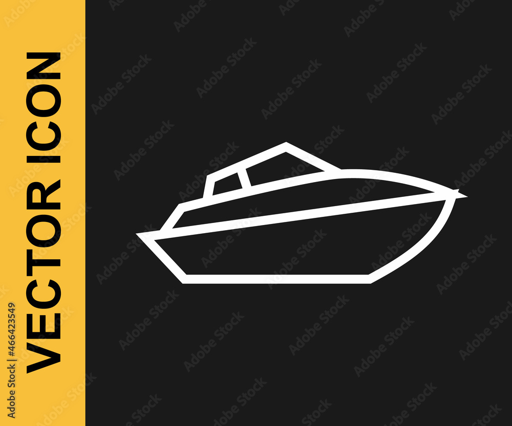 White line Speedboat icon isolated on black background. Vector
