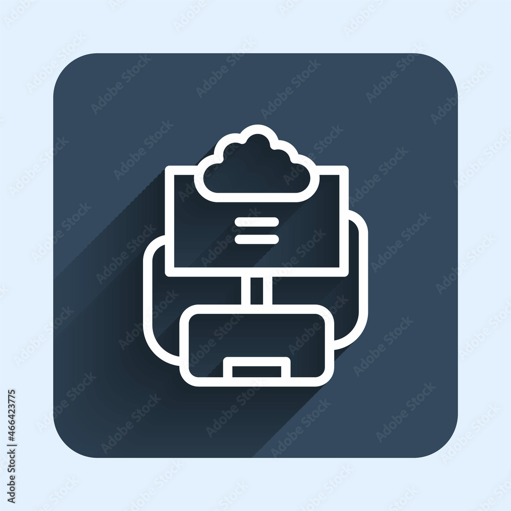 White line Cloud database icon isolated with long shadow background. Cloud computing concept. Digital service or app with data transferring. Blue square button. Vector White line Cloud database icon isolated with long shadow background. Cloud computing concept. Digital service or app with data transferring. Blue square button. Vector