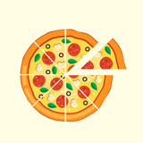 Pizza with salami, olives and mushrooms. vector illustration